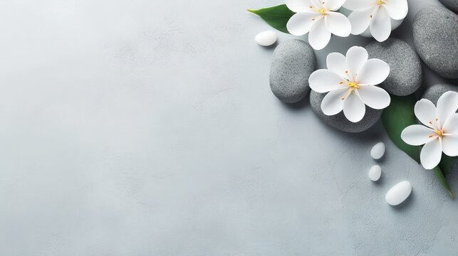  a white flower and some rocks on a gray background with a green leaf.  generative ai