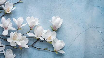  a branch with white flowers on a blue background with cracks.  generative ai