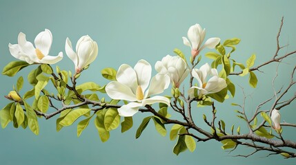  a branch of a tree with white flowers and green leaves.  generative ai