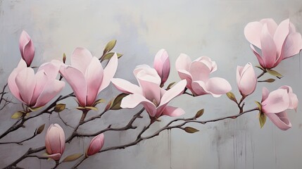  a painting of pink flowers on a branch with leaves on it.  generative ai