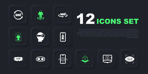 Set 3d modeling, 360 degree view, Virtual reality glasses, and icon. Vector