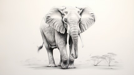  a drawing of an elephant standing in a field with trees in the background.  generative ai