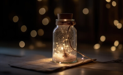 Glowing Jar on a Rustic Wooden Surface