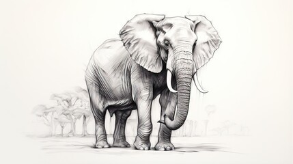  a drawing of an elephant standing in a field with trees in the background.  generative ai