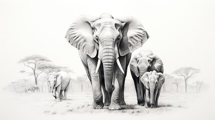  a pencil drawing of two elephants in a field with trees in the background.  generative ai