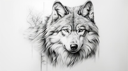  a drawing of a wolf's head with a tree in the background.  generative ai