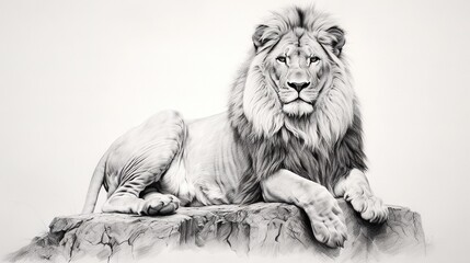  a black and white drawing of a lion laying on a rock.  generative ai
