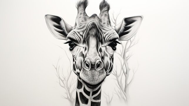  a black and white drawing of a giraffe's face.  generative ai