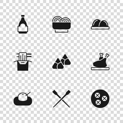 Set Food chopsticks, Roasted turkey or chicken, Wonton, Zongzi in bamboo steamer, Sushi, Soy sauce bottle, Asian noodles bowl and paper box icon. Vector