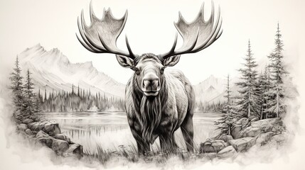  a drawing of a moose standing in a forest with mountains in the background.  generative ai - obrazy, fototapety, plakaty