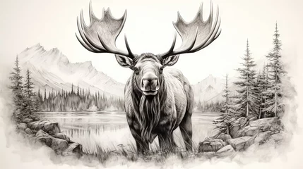 Poster  a drawing of a moose standing in a forest with mountains in the background.  generative ai © Jevjenijs