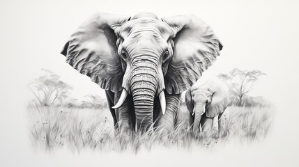  a drawing of an elephant and its baby in a field.  generative ai