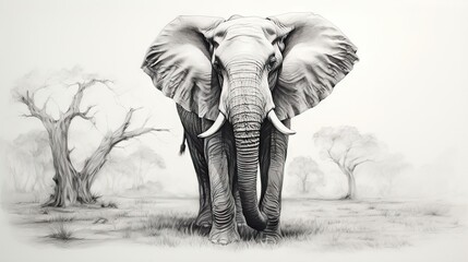 a drawing of an elephant in a field with trees in the background.  generative ai