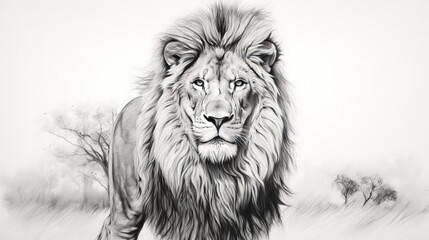  a black and white drawing of a lion in a field.  generative ai