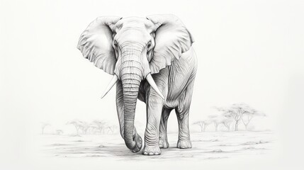 a pencil drawing of an elephant standing in a field with trees in the background.  generative ai