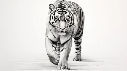 Tuinposter  a black and white drawing of a tiger on a white background.  generative ai © Jevjenijs