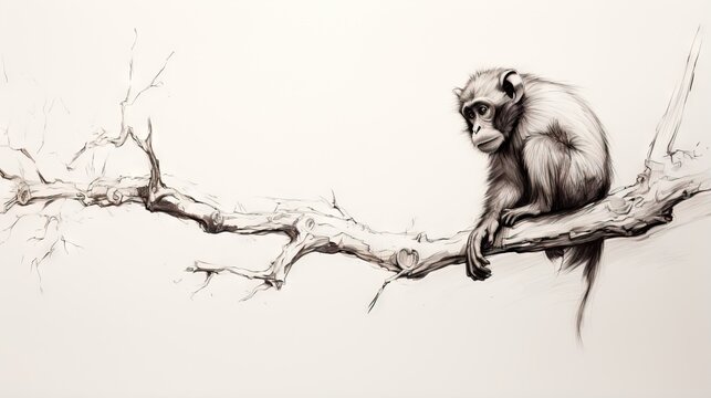  a drawing of a monkey sitting on a tree branch with no leaves.  generative ai