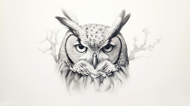  a drawing of an owl with large eyes and a large wing.  generative ai