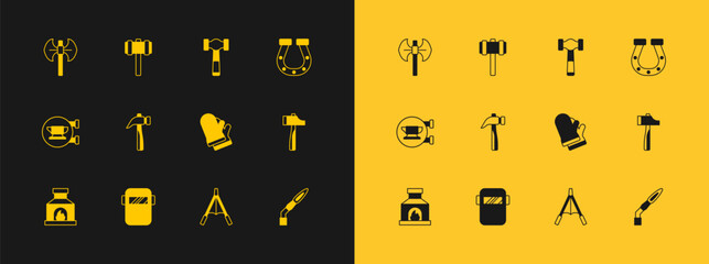 Set Horseshoe, Welding mask, Protective gloves, Air blower bellows, Hammer, Medieval poleaxe and Sledgehammer icon. Vector