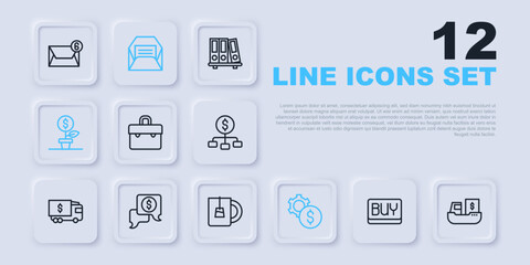 Set line Buy button, Cargo ship with boxes delivery, Briefcase, Gear dollar symbol, Dollar plant, Business negotiations, Envelope and Cup of tea icon. Vector