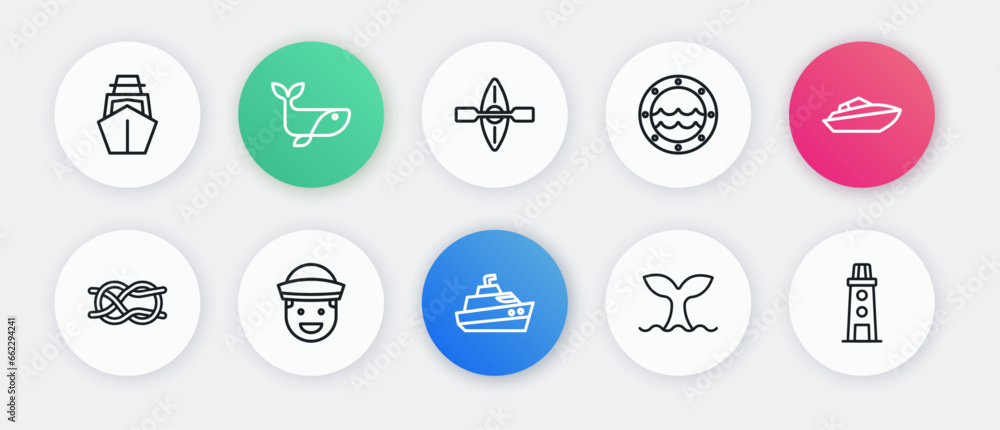 Poster Set line Speedboat, Nautical rope knots, Whale tail, Ship porthole, Kayak and paddle, Lighthouse and Sailor icon. Vector