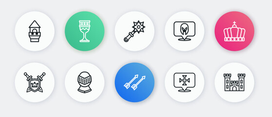Set line Medieval arrows, King crown, Shield with swords, Crusade, helmet, Mace spikes, Castle and icon. Vector