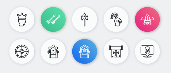 Set line Medieval throne, Fleur de lys or lily flower, Round shield, Crusade, helmet, axe, and icon. Vector