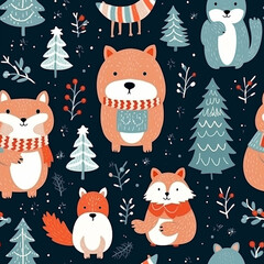 Seamless pattern with cute forest animals and trees, pattern Christmas winter big collection