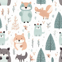 Seamless pattern with cute forest animals and trees, pattern Christmas winter big collection