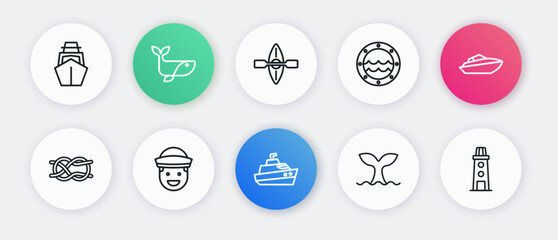 Set line Speedboat, Nautical rope knots, Whale tail, Ship porthole, Kayak and paddle, Lighthouse and Sailor icon. Vector