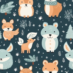 Seamless pattern with cute forest animals and trees, pattern Christmas winter big collection