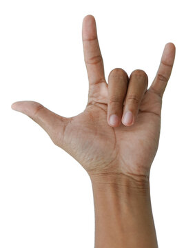 Love hand sign on white background. showing I LOVE YOU sign. Rock-n-roll gesture