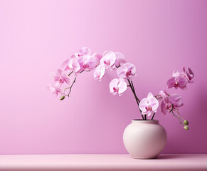 pink orchids in a white vase on table