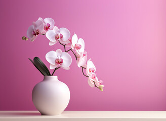 pink orchids in a white vase on table