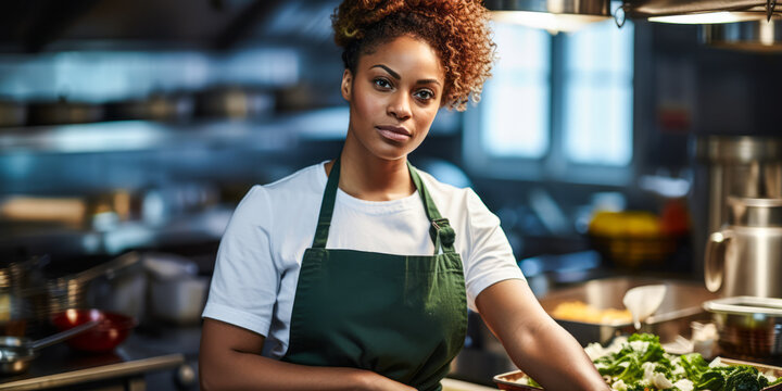 Empowered Female Chef in Commercial Kitchen: Mid-Adult Black Woman