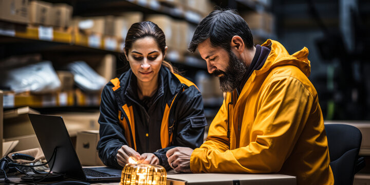 Focused Warehouse Staff Working on Laptop for Operational Efficiency