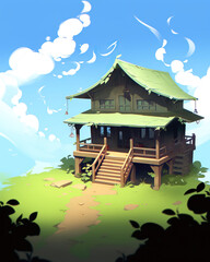 Obraz premium Wooden house in the forest. Vector illustration
