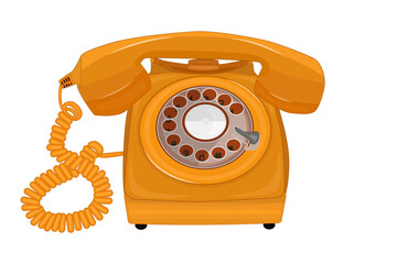 Vintage telephone isolated on white background. Old yellow landline phone front view. Home retro style telephone icon. Call symbol. Rotary wireline phone with handset. Stock vector illustration