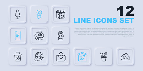 Set line Plant in pot, CO2 emissions cloud, Acid rain radioactive, Eco friendly house, Mobile phone with leaf, Hand holding Earth globe, Light bulb and Iceberg icon. Vector