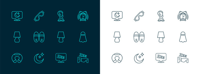 Set line Alarm clock, Moon and stars, Table lamp, Sleepy, Slippers, Earplugs ear, and Eye sleep mask icon. Vector