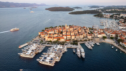 Aerial view of Korcula, Croatia at sunset.