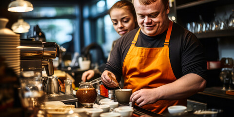 Exceptional Talent: Young Man with Down Syndrome as Café Barista - obrazy, fototapety, plakaty