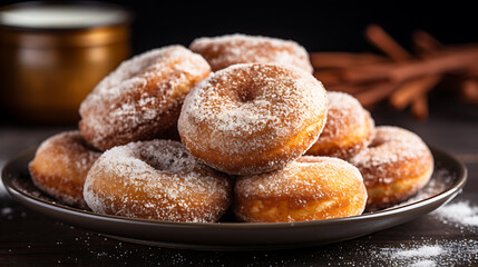 donuts with icing sugar on a plate  - obrazy, fototapety, plakaty