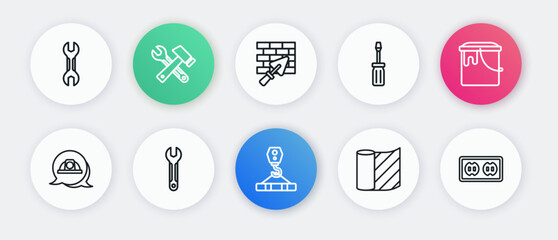 Set line Crane hook, Paint bucket, Worker safety helmet, Wallpaper, Screwdriver, Brick wall with trowel, Electrical outlet and Wrench spanner icon. Vector