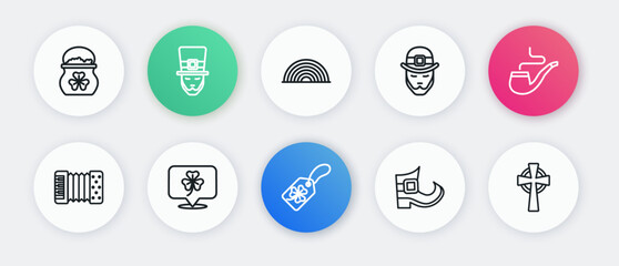 Set line Clover trefoil leaf with tag, Smoking pipe, Accordion, Leprechaun boot, Rainbow, Celtic cross and icon. Vector