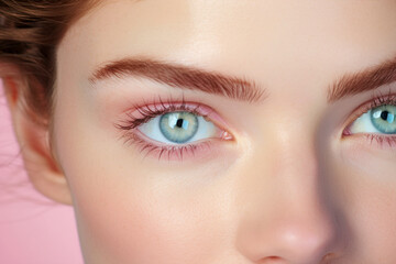 Close up of light blue eyes of woman