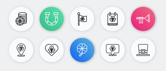 Set line Four leaf clover, Trumpet, Clover trefoil, Saint Patricks day with calendar, Ireland flag, Leprechaun hat and Heart icon. Vector