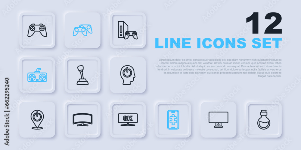 Poster set line computer monitor, bottle with magic elixir, gear shifter, mobile gaming, game controller jo
