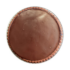 Top view of a circle chocolate cake isolated on white background. Copy space. Birthday concept.