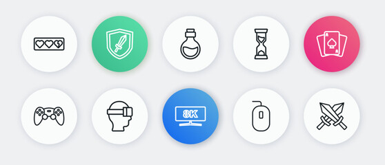 Set line Computer monitor, Playing cards, Game controller joystick, mouse, Old hourglass, Bottle with magic elixir, Sword for game and Virtual reality glasses icon. Vector